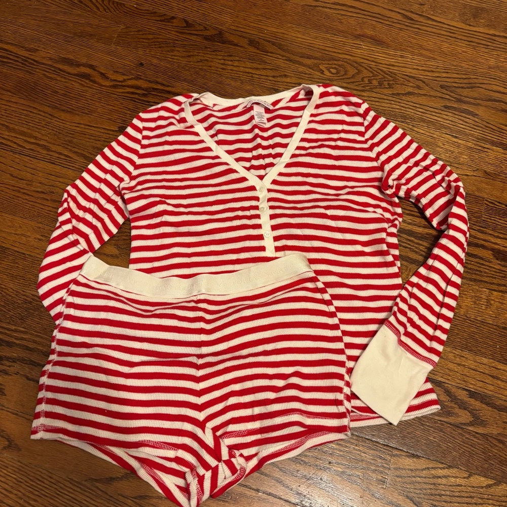 Victoria's Secret Red & White Striped Long-Sleeve Pajama Set